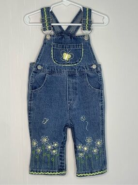 Vintage 90s Jeans Wear Baby Girls Embroidered Daisy Butterflies Overalls 6-9M